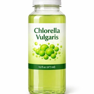 May include: A clear bottle of Chlorella Vulgaris with a white cap. The label features the text "Chlorella Vulgaris" and a graphic of green spheres. The bottle contains a green liquid and is labeled as 16 fl oz (473 ml).