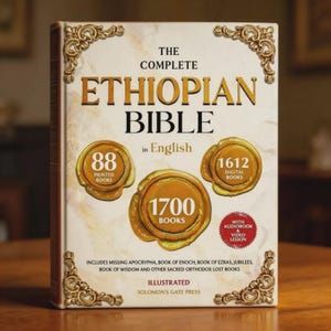 May include: The Complete Ethiopian Bible in English. The book cover is cream-colored with gold lettering and decorative flourishes. It includes 88 printed books, 1612 digital books, and 1700 books. Includes audiobook and video lesson.