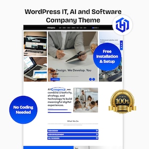 May include: An advertisement for a WordPress IT, AI, and Software Company Theme. The design features images of laptops, tablets, and people working. Text includes "Free Installation & Setup" and "No Coding Needed" within blue circles. The theme is for web design.