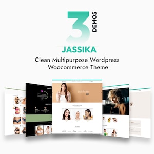 May include: A promotional image for a WordPress theme called "Jassika." The image features a teal number "3" with the word "DEMOS" next to it. Below, the name "JASSICA" is displayed, followed by the text "Clean Multipurpose Wordpress Woocommerce Theme."