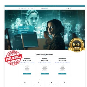 May include: A website interface for Techvalent featuring a hero image with two individuals, a 100% satisfaction guarantee gold seal, and a red stamp reading "Easy Install Free Install". The layout displays hosting plans and service icons.