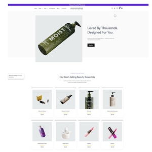 May include: A website layout featuring beauty essentials. The top section showcases a green bottle with the word "MOIST" and a pump dispenser. Below are product images, including serums, shampoo, and lipstick.