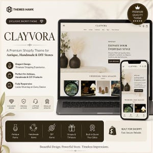 Può includere: Un laptop e uno smartphone mostrano un tema di sito web chiamato "Clayvora" per negozi di antiquariato, artigianato e fai da te. Il tema presenta un design elegante ed è completamente reattivo. Il testo dice "Eleva il tuo stile quotidiano."
