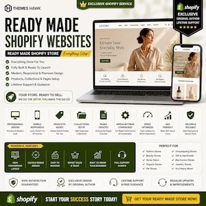 Op de afbeelding: Een promotieafbeelding voor Shopify-websiteservices. Het toont een laptop en smartphone met een website-ontwerp, met ondersteunende pictogrammen en tekst die functies zoals responsief ontwerp, SEO en levenslange ondersteuning benadrukken. De tekst luidt "Ready Made Shopify Websites."