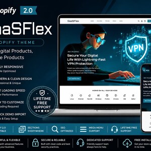 May include: A dark blue promotional graphic for the SaaSFlex Shopify theme, featuring a laptop and smartphone displaying a VPN service website. The text includes features like fully responsive, fast loading speed, and lifetime free support.