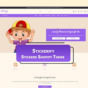 Puede incluir: Un diseño de sitio web para Stickerify, un tema de Shopify para pegatinas. El sitio presenta un niño de dibujos animados con una gorra de béisbol. La combinación de colores del sitio es púrpura y blanco, con el texto "Stickerify Stickers Shopify Theme."