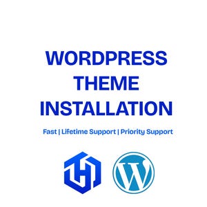 Może przedstawiać: Obraz z niebieskim tekstem "WORDPRESS THEME INSTALLATION". Poniżej słowa "Fast | Lifetime Support | Priority Support". Dwa loga na dole, niebieski sześciokąt i logo WordPress.
