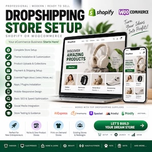 May include: A digital advertisement for dropshipping store setup services featuring a laptop and smartphone displaying an e-commerce website. The text includes 'DROPSHIPPING STORE SETUP', 'Shopify', 'WooCommerce', and 'Turn Your Ideas Into Profits'.