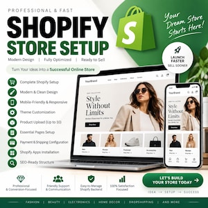 May include: A digital advertisement for Shopify store setup services featuring a laptop and smartphone displaying a fashion website. Text includes Professional & Fast Shopify Store Setup, Your Dream Store Starts Here, and a list of service features.
