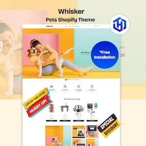 Puede incluir: Diseño de sitio web para una tienda de mascotas, con una persona abrazando a un perro. El sitio incluye un banner de "Oferta por tiempo limitado" y un banner de "Descuento especial". El texto "Whisker Pets Shopify Theme" se muestra en la parte superior.