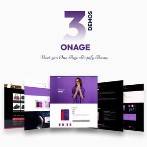 Puede incluir: Un gráfico con la palabra "ONAGE" y el texto "Next-gen One Page Shopify Theme". La imagen muestra maquetas de sitios web con esquemas de color púrpura y negro, mostrando varias exhibiciones y diseños de productos.