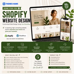 May include: A digital marketing graphic promoting Shopify website design services. The image features a laptop and smartphone displaying a website, with text that reads "Shopify Website Design." Additional text highlights features and benefits.