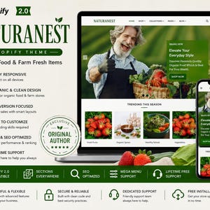 May include: A website design for an organic food store, displayed on a laptop and smartphone. The design features a green and white color scheme, with images of fresh produce and the text "NATURANEST". The theme is Shopify 2.0 compatible.