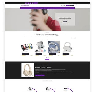 May include: A website homepage for a headphone store featuring a purple navigation bar, a hero section with a person wearing headphones, and a product grid displaying various wireless earbuds and over-ear headphones with star ratings and shop buttons.