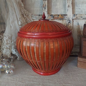 Vintage Woven Rattan Container Ginger Jar Enamel Container