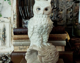 Vintage Artmark White Porcelain Owl On Hollow Log Figure