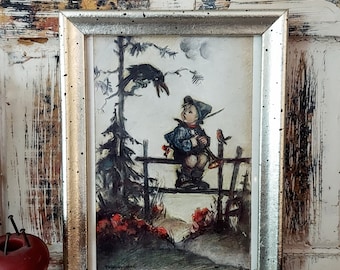 Vintage Framed Hummel Print Boy On Fence With Crow