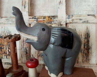 Vintage Hand Carved Solid Wooden Elephant With His Trunk Up