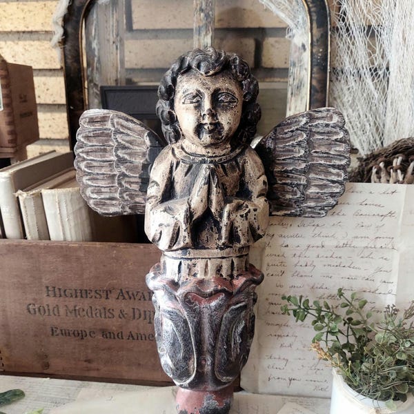 Vintage Carved Wood Polychrome Putti Praying Angel Santos Figure Folk Art Religious Avocet