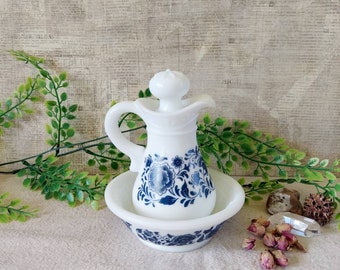 Vintage Avon Delft Blue Skin So Soft Floral Milk Glass Decanter With Dish and Original Box