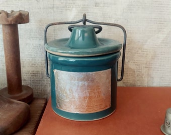 Vintage Teal Stoneware Cheese Crock