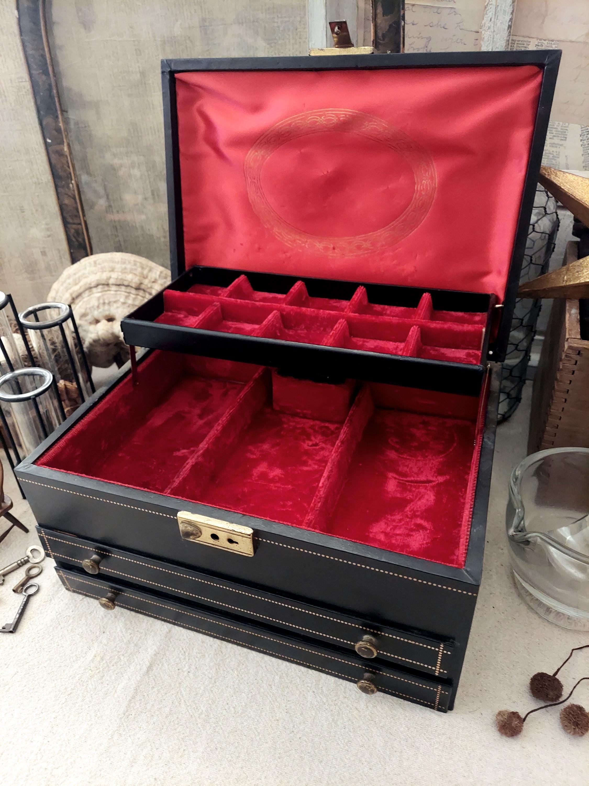 Vintage Black Two Drawer Jewelry Box Tiered Red Satin And Velvet Interior With Musicbox