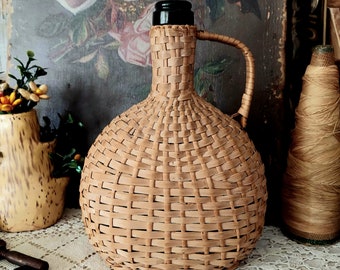 Vintage Wicker Wrapped Empty Wine Bottle With Handle Beautiful