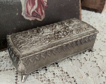 Vintage Silver Tone Footed Rose Long Trinket Box, Ring Box, Ring Box