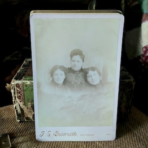 Tarjeta de gabinete antigua del siglo XIX con fotografía antigua, retrato familiar de tres mujeres "Fall River People"