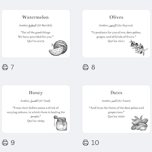 Può includere: Quattro schede illustrate con testo e disegni di frutta e miele. Le schede sono etichettate con Watermelon, Olives, Honey e Dates. Ogni scheda include testo arabo e una citazione del Corano.