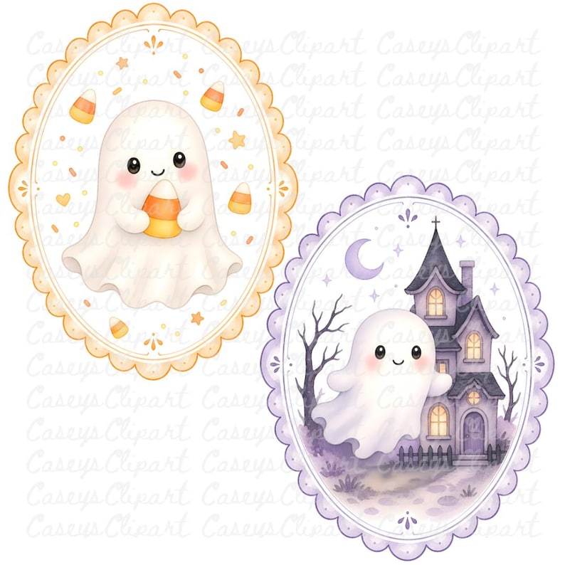 Cute pastel Halloween ghost frame clipart bundle featuring watercolor ghosts with pumpkins, lanterns, bats, moon, candy, and haunted house inside scalloped oval frames on transparent PNG backgrounds.