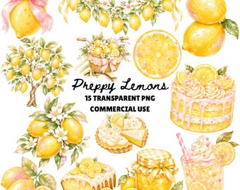 Preppy citroen clipart transparant, aquarel citroen png-bundel, coquette citroenen clipart, citroenboom clipart, fruit png