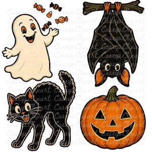 14-piece vintage Halloween clipart bundle featuring retro black cats, bats, skeletons, pumpkins, vampires, ghosts, and spooky characters in bright classic Halloween colors with nostalgic vintage aesthetic, isolated PNG designs.