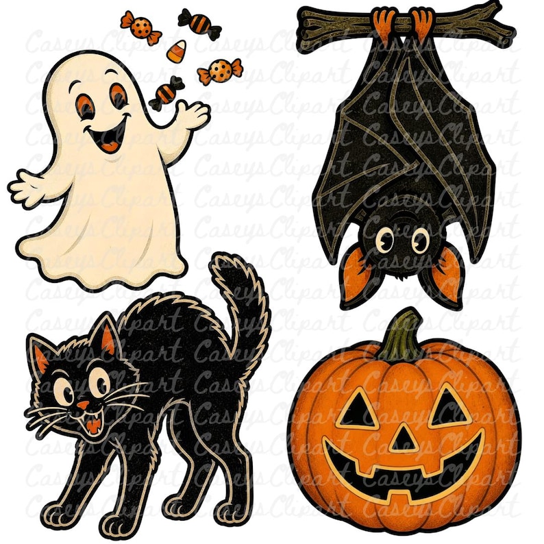 14-piece vintage Halloween clipart bundle featuring retro black cats, bats, skeletons, pumpkins, vampires, ghosts, and spooky characters in bright classic Halloween colors with nostalgic vintage aesthetic, isolated PNG designs.