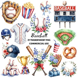 May include: Watercolor illustration of baseball-themed elements. Includes a baseball, glove, helmet, jersey, popcorn, scoreboard, field, bats, trophy, and a duffel bag. The word "Baseball" is written in a script font, along with "21 Transparent PNG Commercial Use."