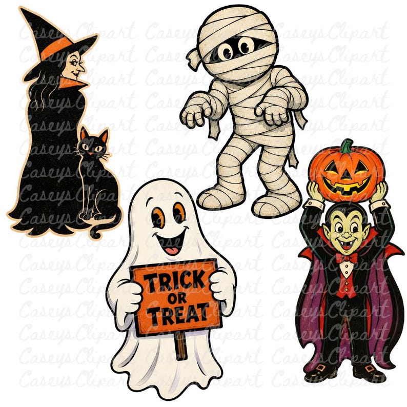 14-piece vintage Halloween clipart bundle featuring retro black cats, bats, skeletons, pumpkins, vampires, ghosts, and spooky characters in bright classic Halloween colors with nostalgic vintage aesthetic, isolated PNG designs.