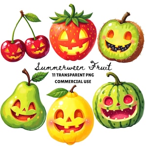 May include: A collection of digitally illustrated "Summerween Fruit" featuring various fruits with carved jack-o'-lantern faces. Includes cherries, a strawberry, a kiwi, a pear, a lemon, and a watermelon. The image also includes the text "11 Transparent PNG Commercial Use."
