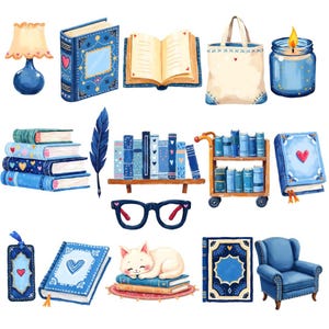 Watercolor bookstore clipart set with blue decorative books, stacked novels, bookshelf, reading glasses, candle, tote bag, bookmark, lamp, and a sleeping cat on books, illustrated in soft blue and cream tones on a white background.