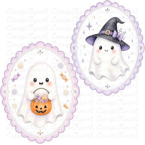 Cute pastel Halloween ghost frame clipart bundle featuring watercolor ghosts with pumpkins, lanterns, bats, moon, candy, and haunted house inside scalloped oval frames on transparent PNG backgrounds.