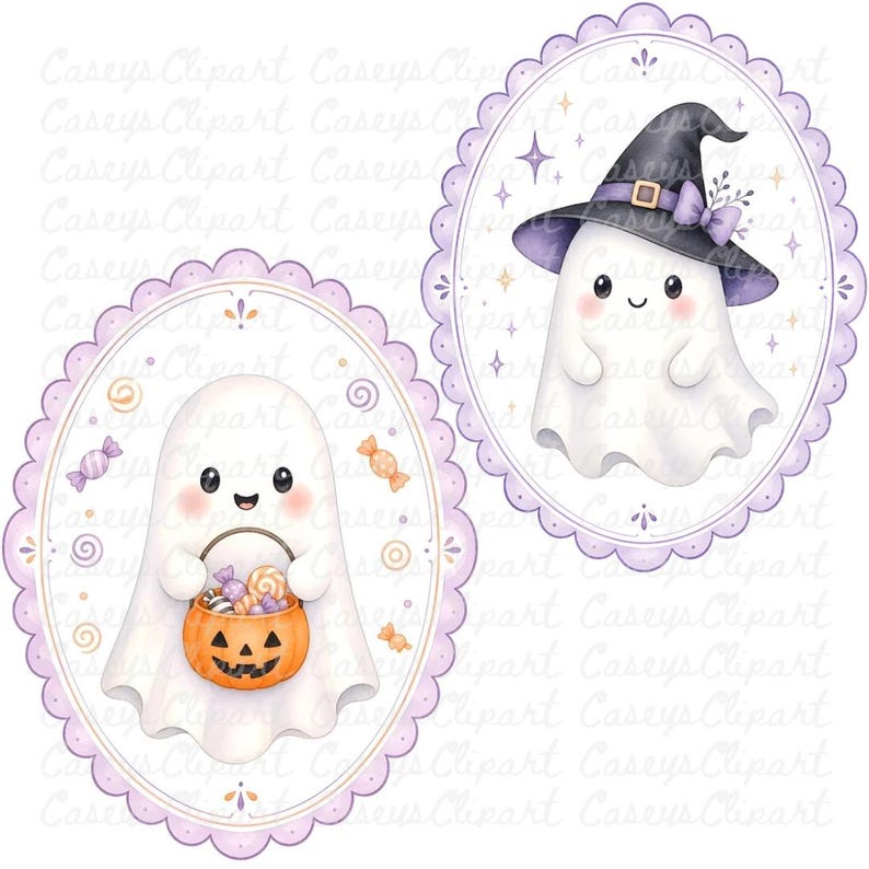 Cute pastel Halloween ghost frame clipart bundle featuring watercolor ghosts with pumpkins, lanterns, bats, moon, candy, and haunted house inside scalloped oval frames on transparent PNG backgrounds.