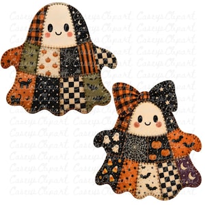 Halloween patchwork ghost PNG bundle with 12 transparent PNG files for sublimation, shirts, mugs, stickers, party decor, scrapbooking, and commercial use.