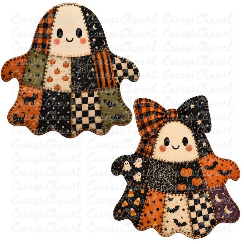 Halloween patchwork ghost PNG bundle with 12 transparent PNG files for sublimation, shirts, mugs, stickers, party decor, scrapbooking, and commercial use.