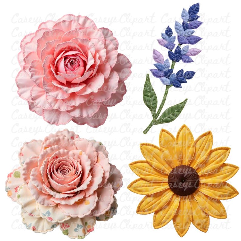 a bundle of twelve individual patchwork single flower clipart designs featuring faux quilted fabric textures and stitched details. Each flower has layered petals in soft patterned fabrics such as florals, gingham, stripes, and polka dots, creating a handmade heirloom look. The flowers are shown as separate high-resolution PNG graphics with transparent backgrounds, styled in cozy cottagecore colors like pink, blue, cream, sage green, and warm neutrals.