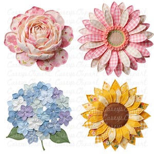 a bundle of twelve individual patchwork single flower clipart designs featuring faux quilted fabric textures and stitched details. Each flower has layered petals in soft patterned fabrics such as florals, gingham, stripes, and polka dots, creating a handmade heirloom look. The flowers are shown as separate high-resolution PNG graphics with transparent backgrounds, styled in cozy cottagecore colors like pink, blue, cream, sage green, and warm neutrals.
