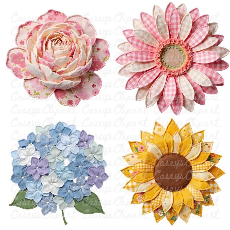 a bundle of twelve individual patchwork single flower clipart designs featuring faux quilted fabric textures and stitched details. Each flower has layered petals in soft patterned fabrics such as florals, gingham, stripes, and polka dots, creating a handmade heirloom look. The flowers are shown as separate high-resolution PNG graphics with transparent backgrounds, styled in cozy cottagecore colors like pink, blue, cream, sage green, and warm neutrals.