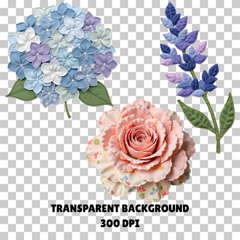 May include: Fabric floral designs including a hydrangea, a rose, and a lavender sprig. The hydrangea has blue, purple, and white petals. The rose is soft pink with a patterned base. The lavender is in shades of blue and purple. Text: TRANSPARENT BACKGROUND 300 DPI.