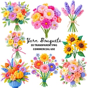 Faux Yarn Wildflower Bouquet Clipart, Faux Yarn Flowers PNG, Faux Yarn Floral Bouquet PNG, Watercolor Floral Clipart, Watercolor flowers