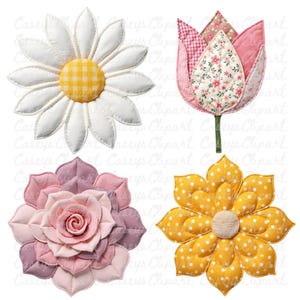 a bundle of twelve individual patchwork single flower clipart designs featuring faux quilted fabric textures and stitched details. Each flower has layered petals in soft patterned fabrics such as florals, gingham, stripes, and polka dots, creating a handmade heirloom look. The flowers are shown as separate high-resolution PNG graphics with transparent backgrounds, styled in cozy cottagecore colors like pink, blue, cream, sage green, and warm neutrals.