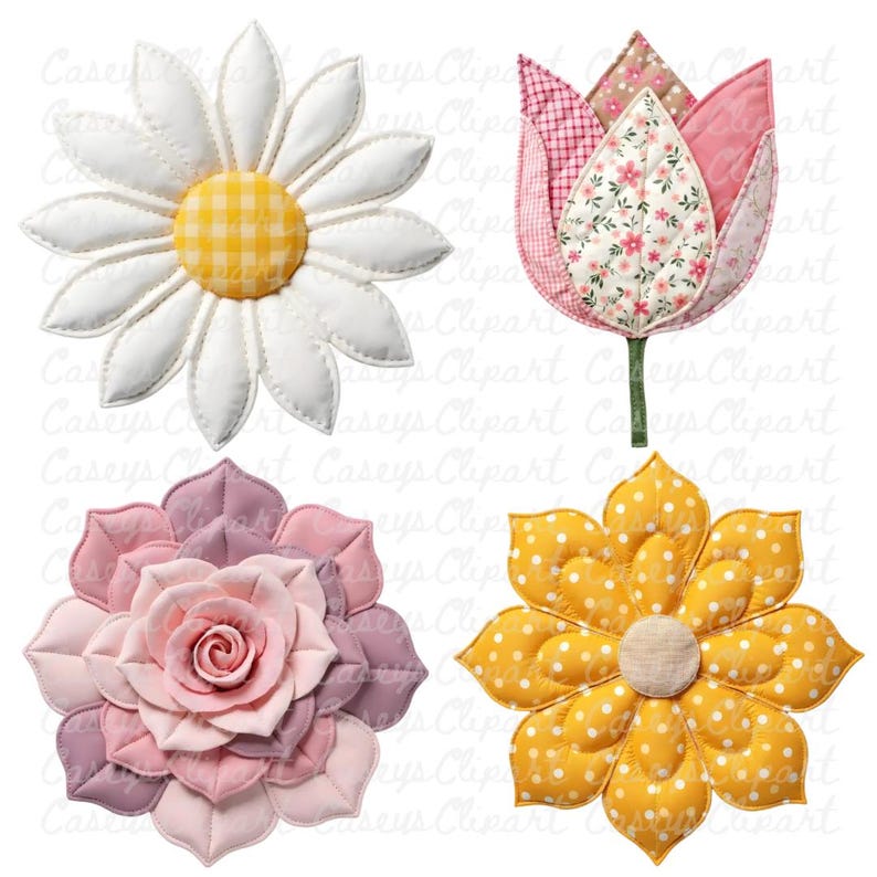 a bundle of twelve individual patchwork single flower clipart designs featuring faux quilted fabric textures and stitched details. Each flower has layered petals in soft patterned fabrics such as florals, gingham, stripes, and polka dots, creating a handmade heirloom look. The flowers are shown as separate high-resolution PNG graphics with transparent backgrounds, styled in cozy cottagecore colors like pink, blue, cream, sage green, and warm neutrals.