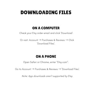 May include: White graphic with black text detailing how to download files from Etsy. Instructions are provided for both computer and phone, with a note about app downloads not being supported.